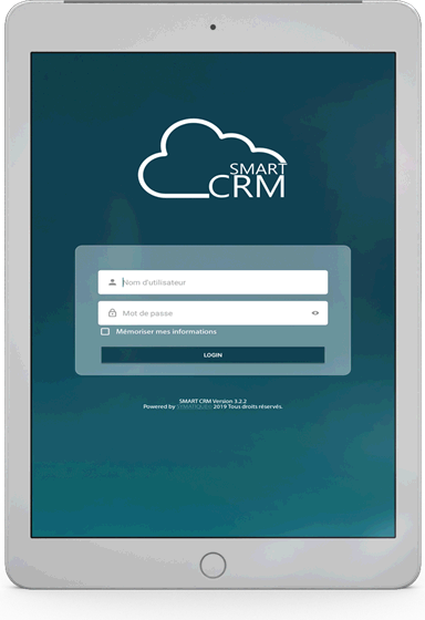 شاشة الدخول إلى Smart CRM على حاسوب لوحي: المعرّف، وكلمة السرّ، وحفظ المعلومات.