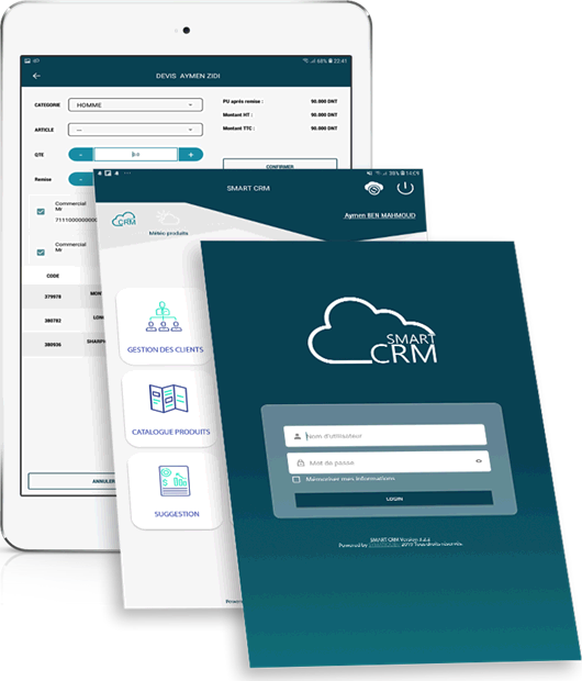 ثلاث شاشات من Smart CRM: تحرير عرض سعر مع تخفيض ومبالغ دون احتساب الأداء ومع احتساب جميع الأداءات، وقائمة الوحدات، وشاشة الدخول.