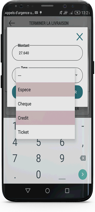 L'écran « Terminer la livraison » de Smart DELIVERY sur smartphone : le champ Montant renseigné, et la liste déroulante des types de règlement ouverte sur espèce, chèque, crédit et ticket, au-dessus du clavier numérique.