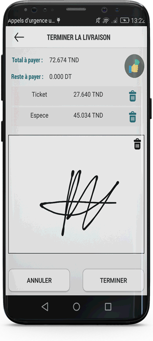 L'écran « Terminer la livraison » de Smart DELIVERY sur smartphone : le total à payer, le reste à payer tombé à zéro, deux règlements enregistrés — un ticket et une somme en espèces, chacun avec sa corbeille —, le cadre de signature manuscrite du client, et les boutons Annuler et Terminer.