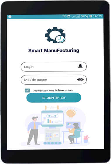 شاشة الدخول إلى Smart MANUFACTURING على حاسوب لوحي: خانتا المعرّف وكلمة السرّ، وخانة « تذكُّر بياناتي » مؤشَّرة، وزرّ تسجيل الدخول.