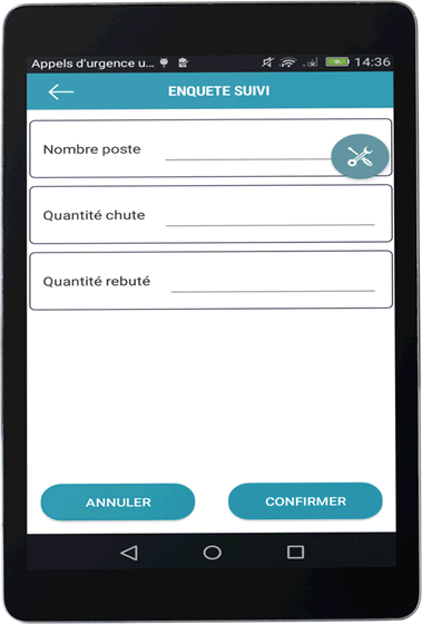 شاشة استقصاء المتابعة في Smart MANUFACTURING على حاسوب لوحي: ثلاث خانات تُملأ عند مركز العمل، عدد المراكز وكمية الفضلات والكمية المرفوضة، ثم زرّا الإلغاء والتأكيد.