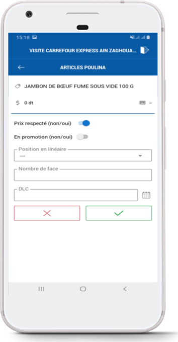 Le relevé d'un article dans Smart MERCHANDISING sur smartphone : jambon de bœuf fumé sous vide 100 g, le prix relevé, les mentions prix respecté et en promotion, la position en linéaire, le nombre de faces et la date limite de consommation.