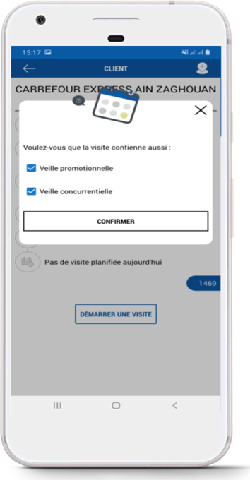 Le démarrage d'une visite dans Smart MERCHANDISING sur smartphone : deux cases à cocher, veille promotionnelle et veille concurrentielle, à confirmer avant d'entrer dans le magasin.