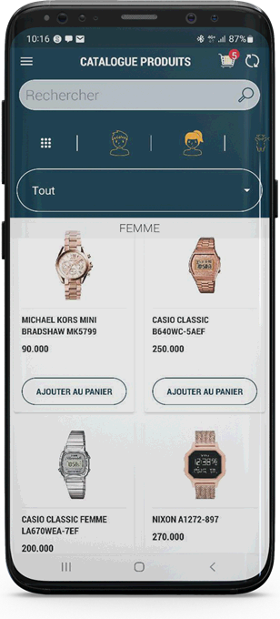 Le catalogue produits de Smart ORDER sur smartphone : les articles d'une catégorie avec leur photo, leur référence, leur prix et le bouton d'ajout au panier.