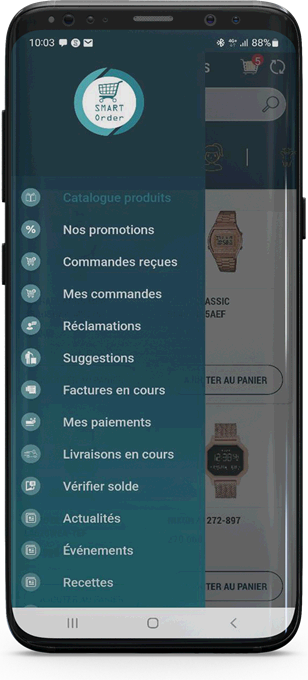 Le menu de Smart ORDER sur smartphone : catalogue produits, nos promotions, commandes reçues, mes commandes, réclamations, suggestions, factures en cours, mes paiements, livraisons en cours, vérifier solde, actualités et événements.