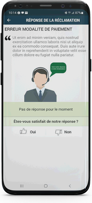 L'écran de réponse à une réclamation dans Smart ORDER sur smartphone : l'objet de la réclamation, la réponse de l'entreprise, et la question posée au client sur sa satisfaction.