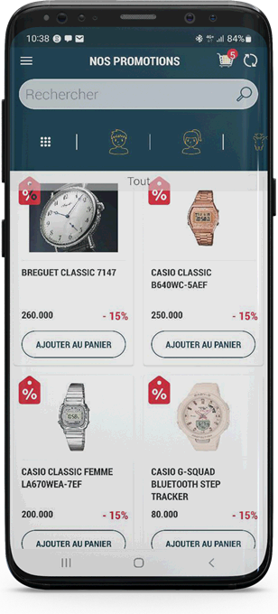 L'écran des promotions de Smart ORDER sur smartphone : quatre articles remisés, chacun avec son étiquette de remise, son prix et le bouton d'ajout au panier.