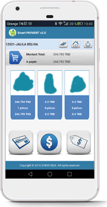 L'écran d'encaissement de Smart PAYMENT sur smartphone : le compte du client, le montant total dû, le montant à payer, et les modes de règlement au bas de l'écran.