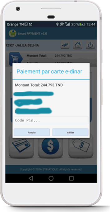 La fenêtre de paiement par carte e-dinar de Smart PAYMENT sur smartphone : le montant total à régler, le détail des lignes, le champ du code PIN et les boutons Annuler et Valider.