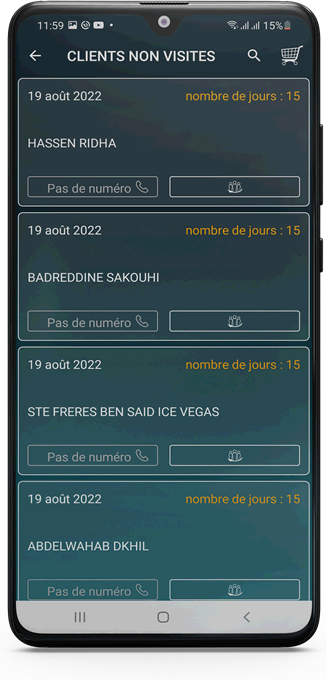 La liste des clients de Smart SELLER sur smartphone : les comptes de la zone du vendeur, chacun ouvrant sa fiche.