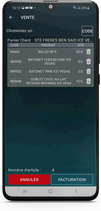 L'écran de vente de Smart SELLER sur smartphone : les articles saisis, les quantités et le montant de la vente en cours.